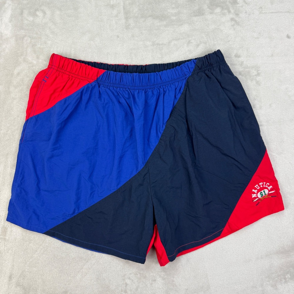 Vintage 90s Nautica Swim Trunks 5" Mens XL Red Blue Colorblock Nylon Mesh Lined